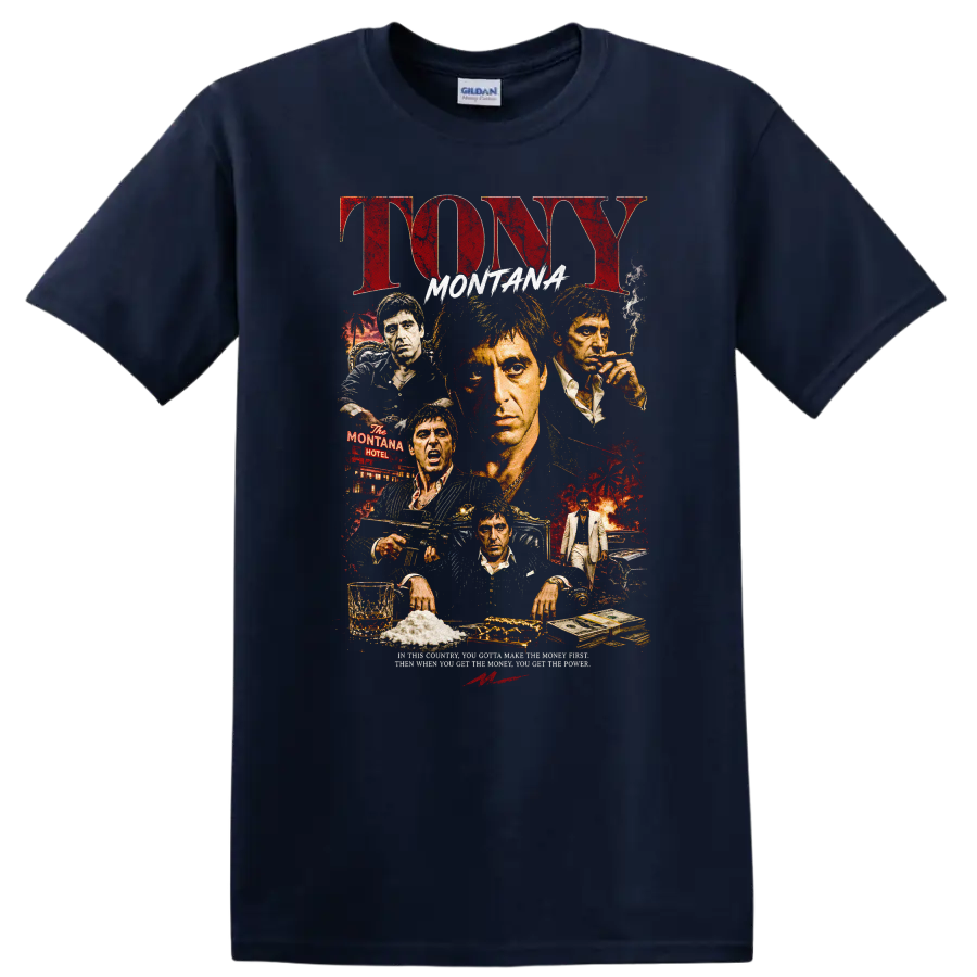 Tony Montana Movie Art T Shirt Vintage Graphic Tee for Fans of Classic Films - Navy (Blue)
