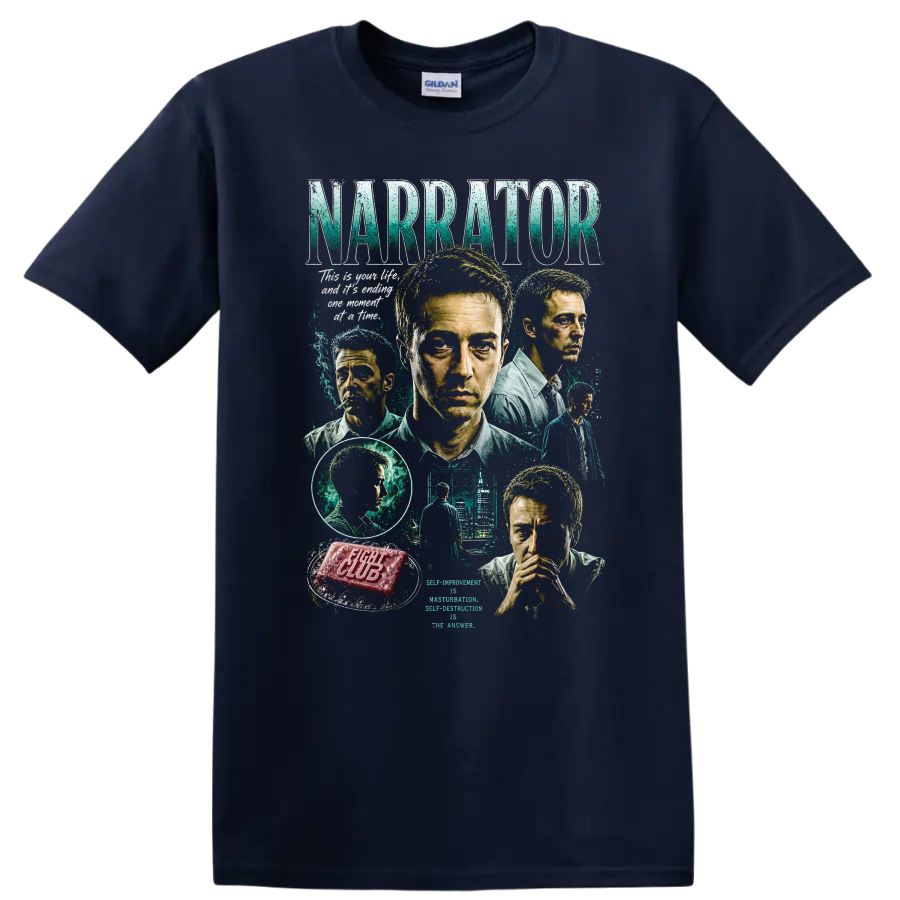 Narrator Fight Club Movie Art T Shirt Cool Graphic Tee Gift for Fans - Navy (Blue)