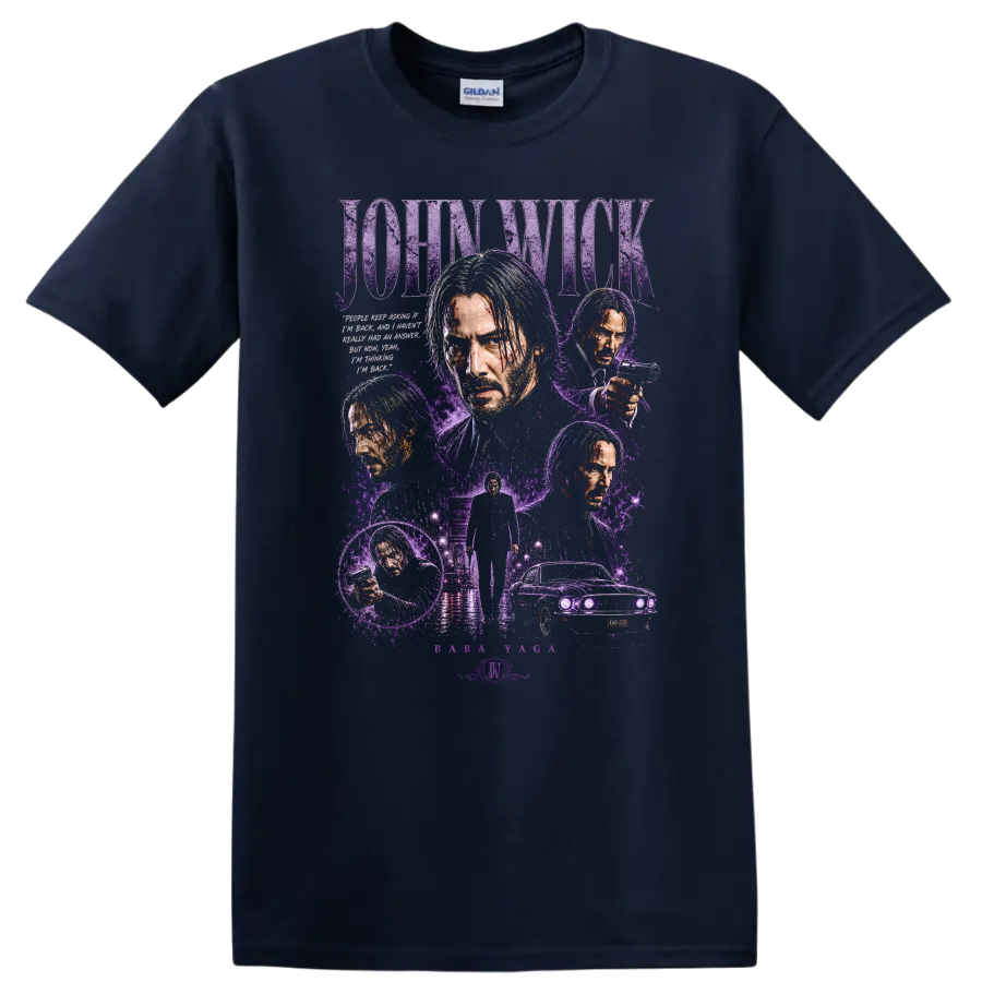 John Wick Vintage Cult Movie Character Portrait T Shirt on a Navy (Blue) T Shirt