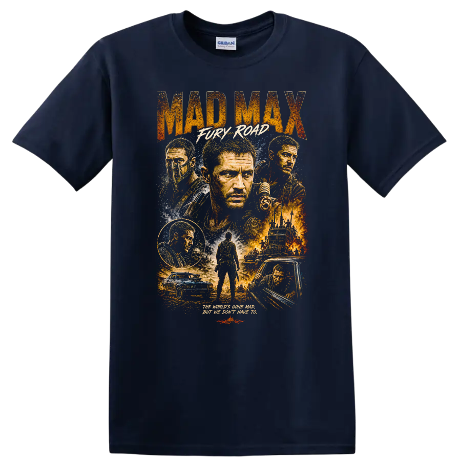 Mad Max Fury Road Vintage Movie Portrait T Shirt on a Navy (Blue) T Shirt