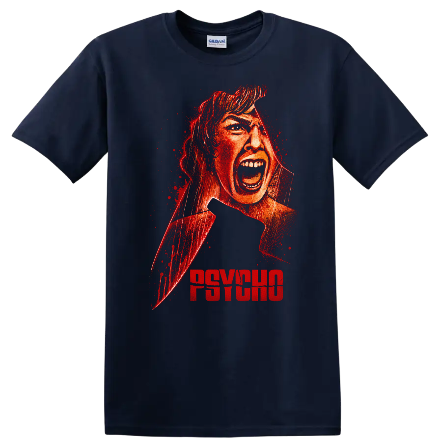 Psycho Vintage Cult Movie Character Portrait T Shirt on a Navy (Blue) T Shirt
