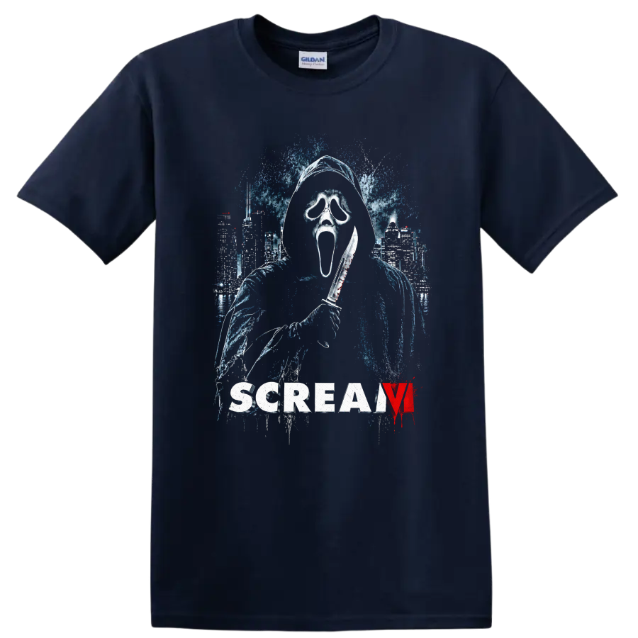 Scream VI Vintage Cult Movie Character T Shirt on a Navy (Blue) T Shirt