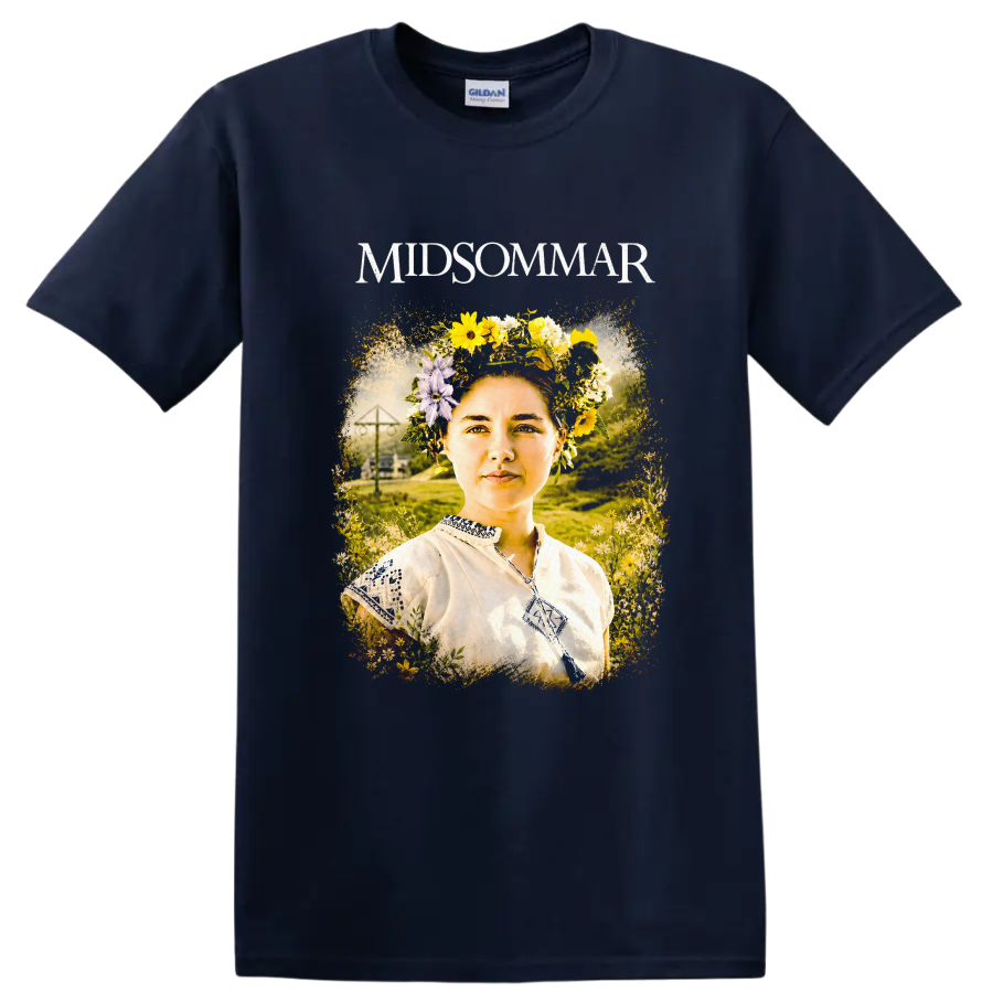 Midsommar Vintage Cult Movie Character Portrait T Shirt on a Navy (Blue) T Shirt