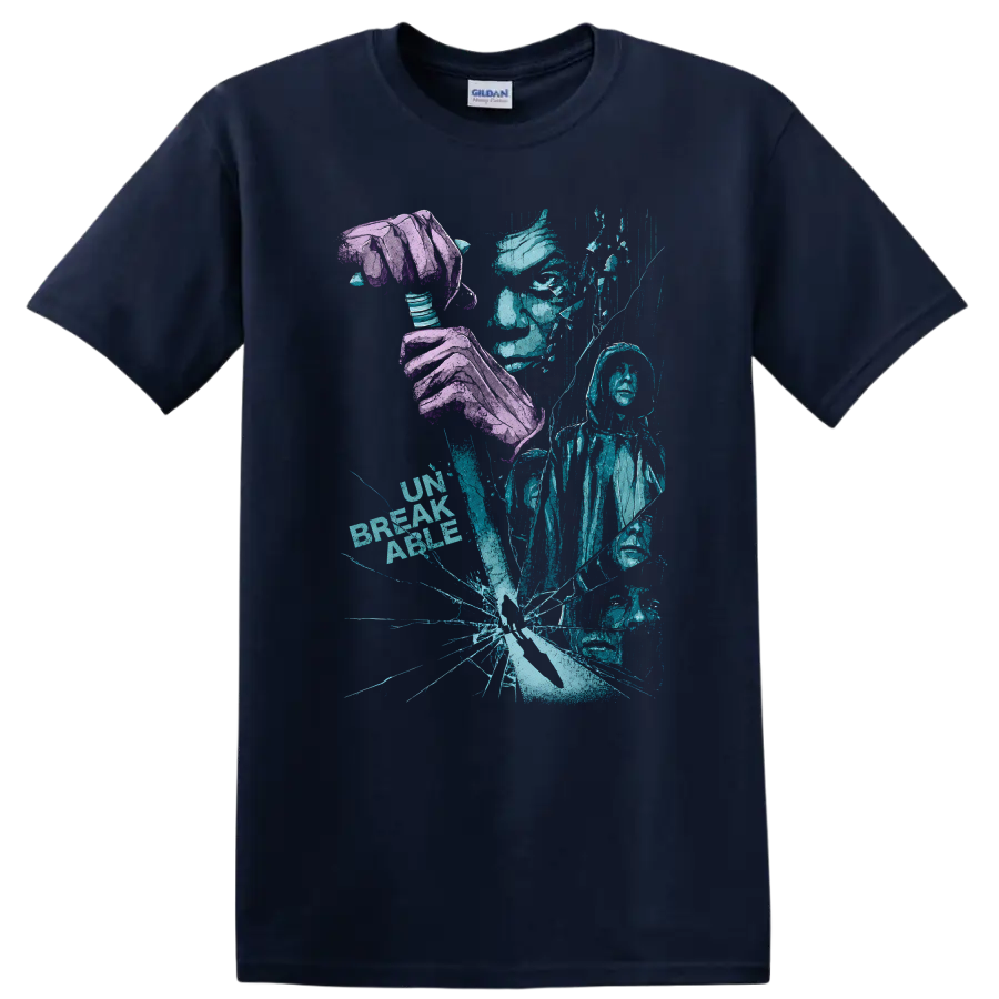 Vintage Cult Movie Unbreakable T Shirt Featuring Bruce Willis & Samuel L. Jackson on a Navy (Blue) T Shirt
