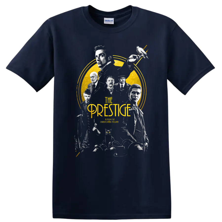 The Prestige Vintage Cult Movie Character Portrait T Shirt on a Navy (Blue) T Shirt