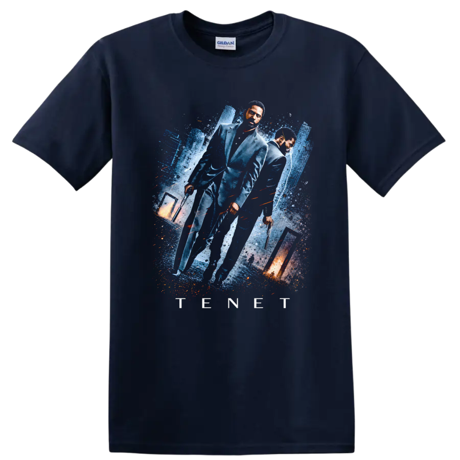 Vintage Cult Movie Tenet T Shirt on a Navy (Blue) T Shirt