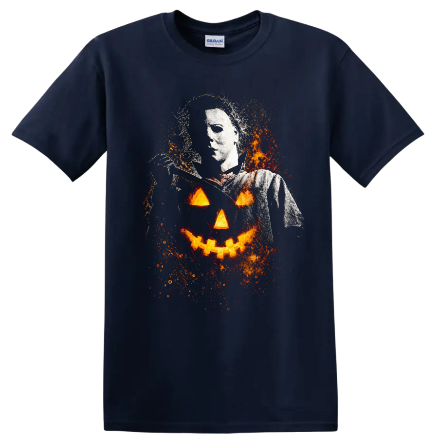 Vintage Cult Movie Halloween Jamie Lee Curtis T Shirt on a Navy (Blue) T Shirt