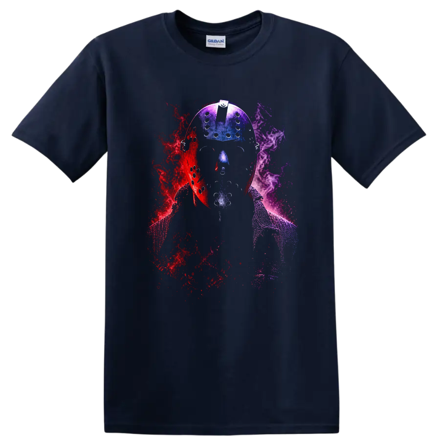 Hockey Mask Graphic T Shirt Horror Art Smoke Effects Retro Vintage Tee - Navy (Blue)