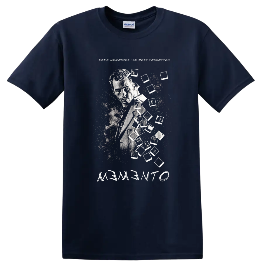 Vintage Cult Movie Memento T Shirt on a Navy (Blue) T Shirt