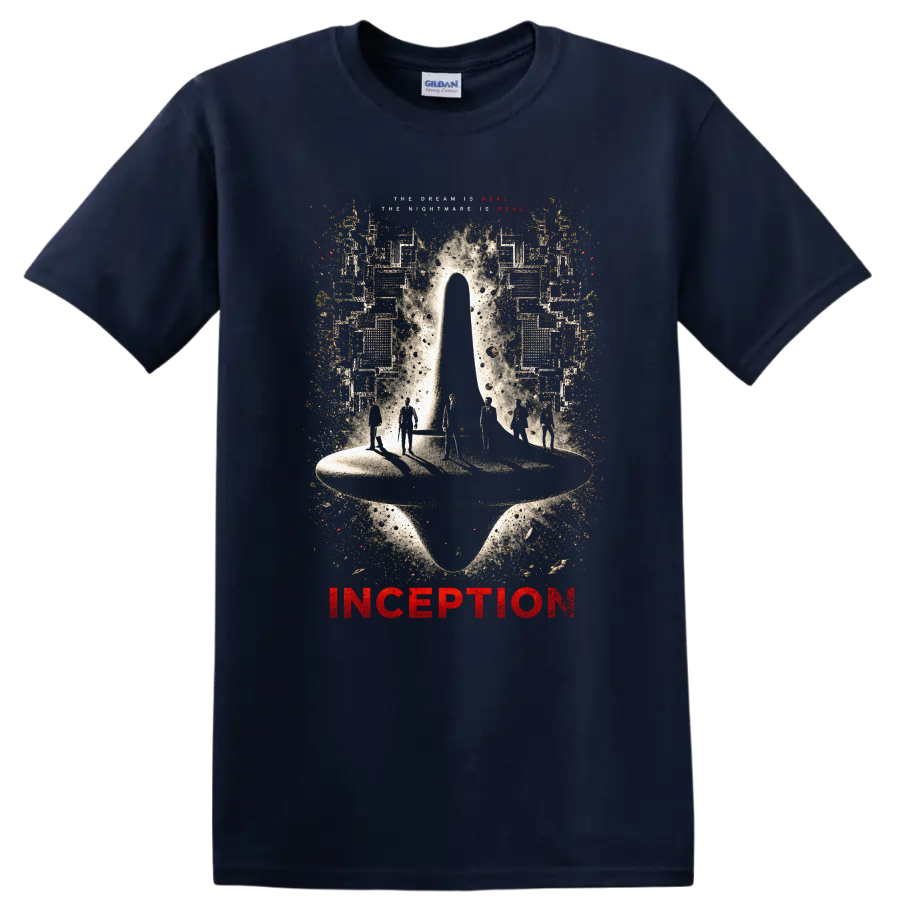 Inception Vintage Cult Movie T Shirt on a Navy (Blue) T Shirt