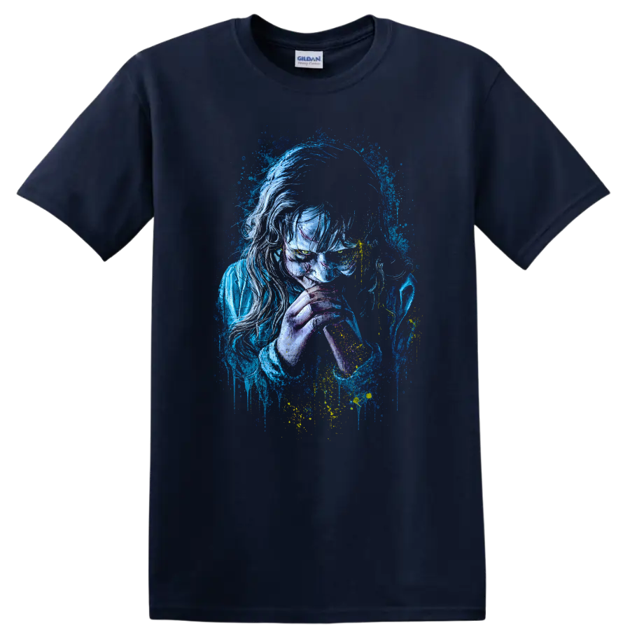 The Exorcist Vintage Cult Movie T Shirt on a Navy (Blue) T Shirt