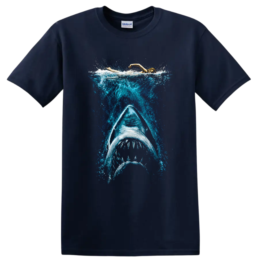 Shark Attack Graphic T Shirt Swim Enthusiast Ocean Lover Tee - Navy (Blue)