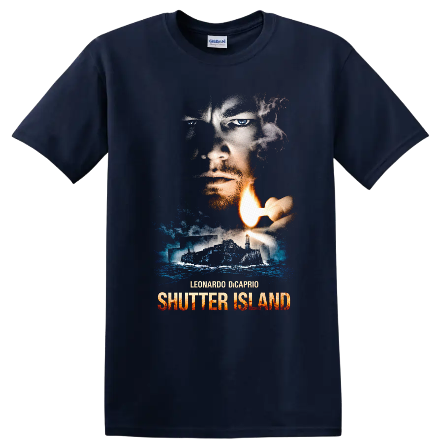Shutter Island Movie Art T Shirt Vintage Graphic Tee Horror Thriller Design - Navy (Blue)