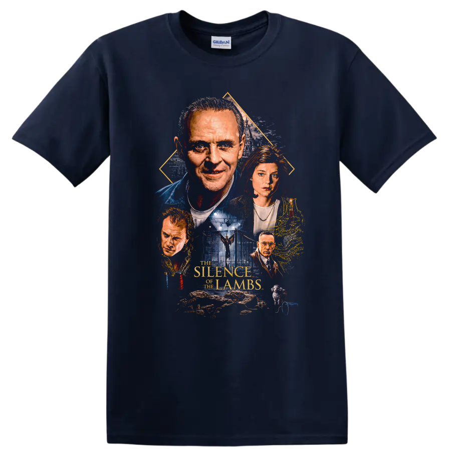 Vintage Cult Movie The Silence of the Lambs T Shirt on a Navy (Blue) T Shirt