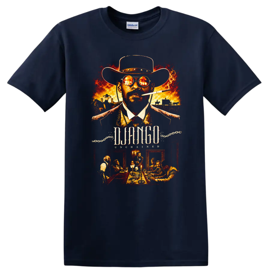 Django Unchained Vintage Movie Character Portrait T Shirt on a Navy (Blue) T Shirt