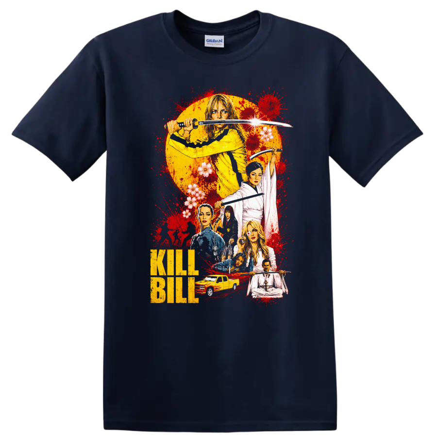 Kill Bill Vintage Cult Movie Character Portrait Style T Shirt on a Navy (Blue) T Shirt