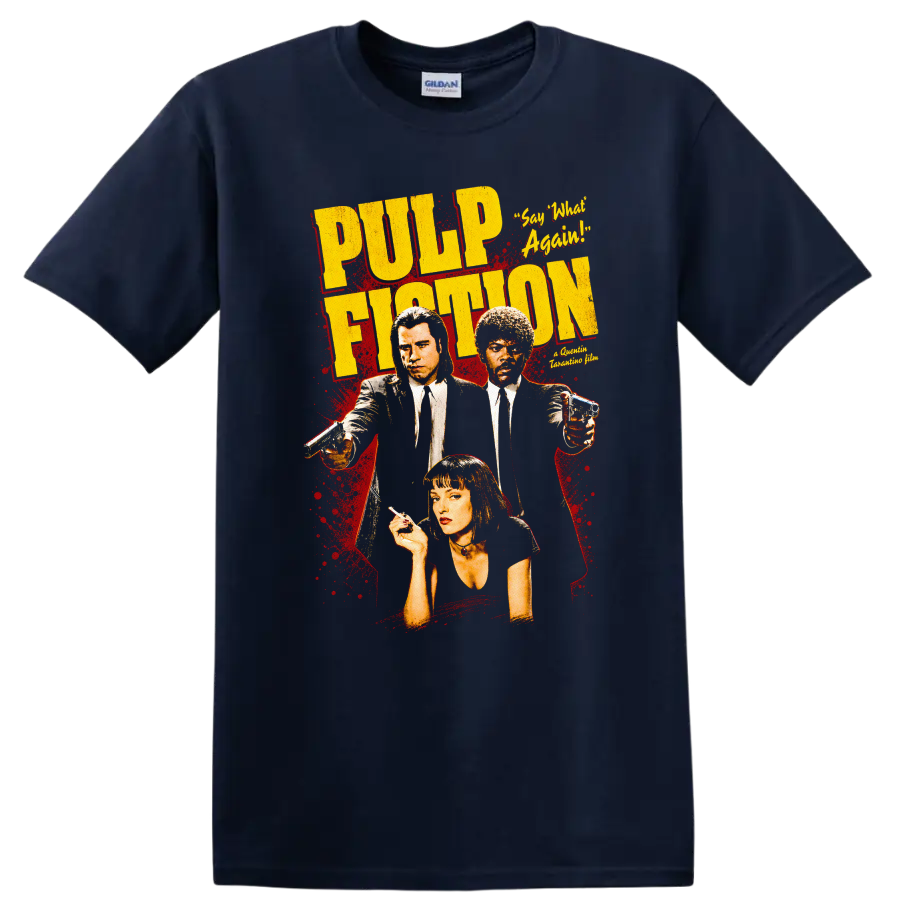 Pulp Fiction Vintage Movie Character Portrait T Shirt on a Navy (Blue) T Shirt