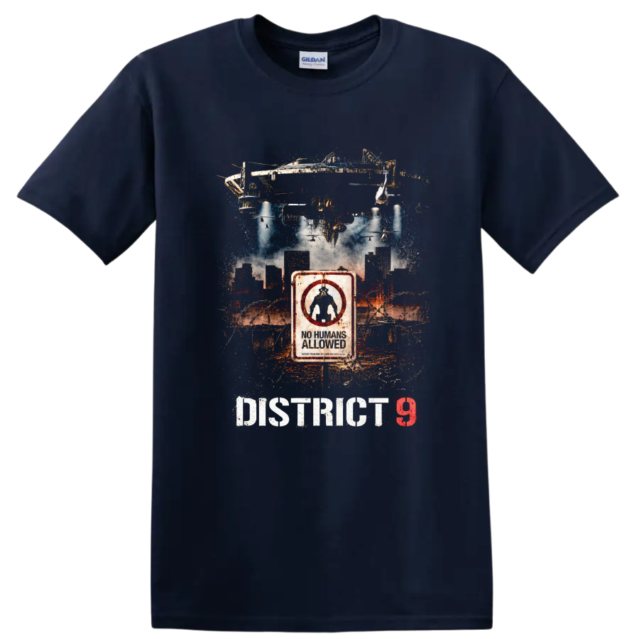 District 9 Vintage Cult Movie T Shirt on a Navy (Blue) T Shirt