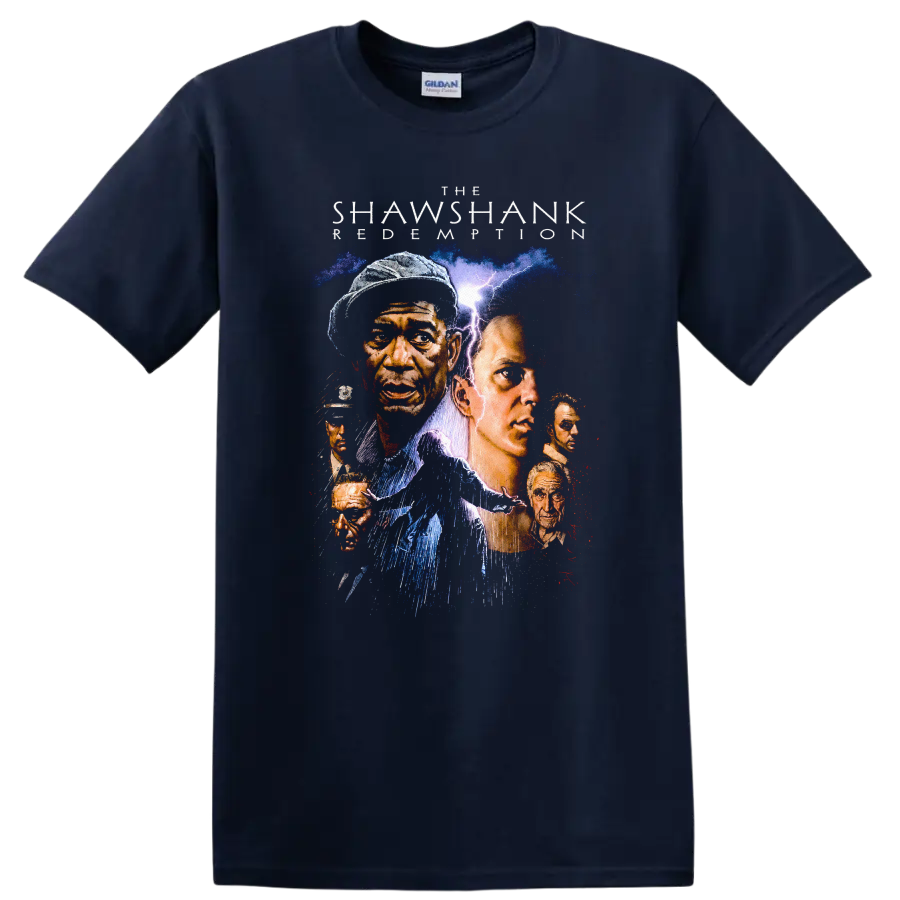 Shawshank Redemption Vintage Movie Character Portrait T Shirt on a Navy (Blue) T Shirt