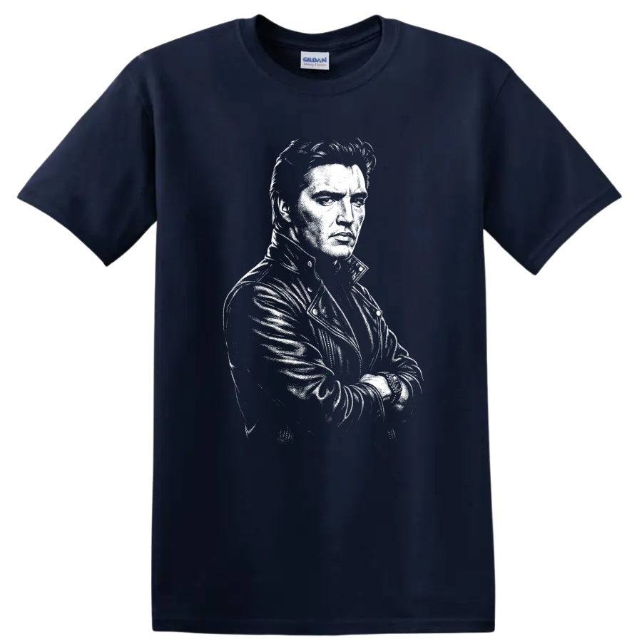Elvis Presley King of Rock and Roll Portrait T Shirt - Navy (Blue)