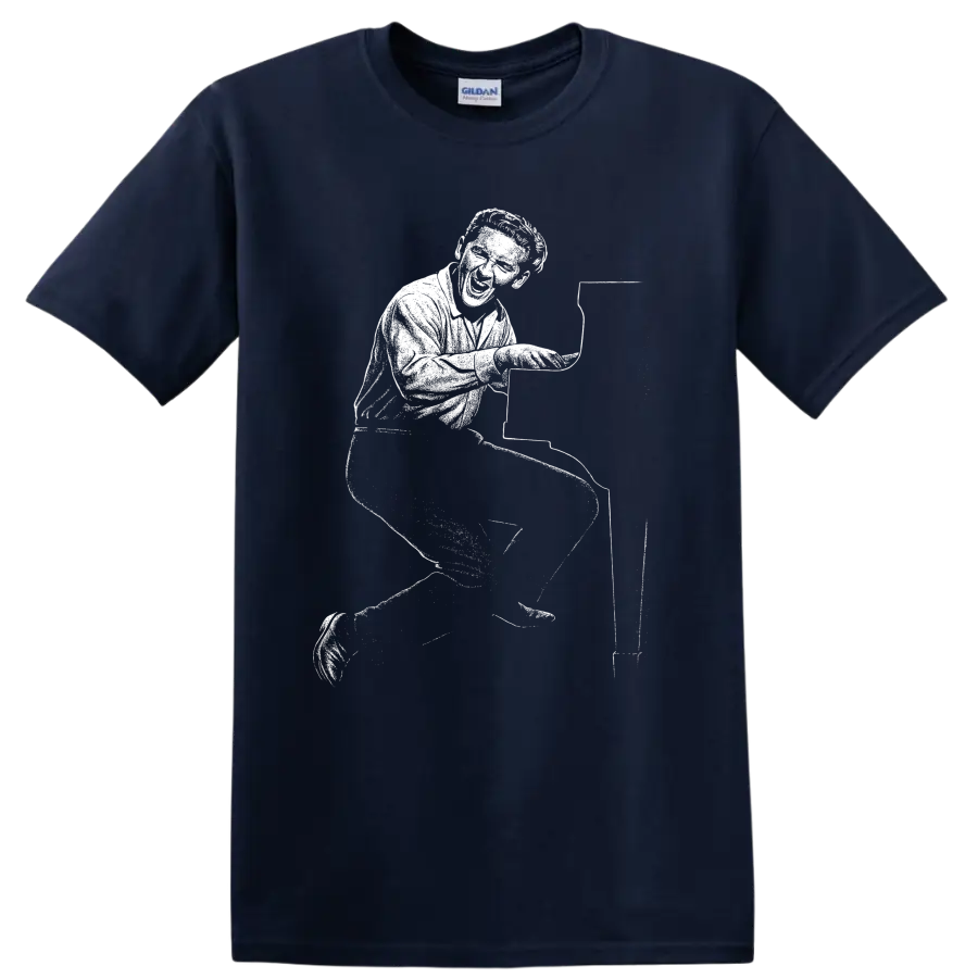 Jerry Lee Lewis T Shirt Rock Legend Piano Player Silhouette Music Fan Gift Tee - Navy (Blue)