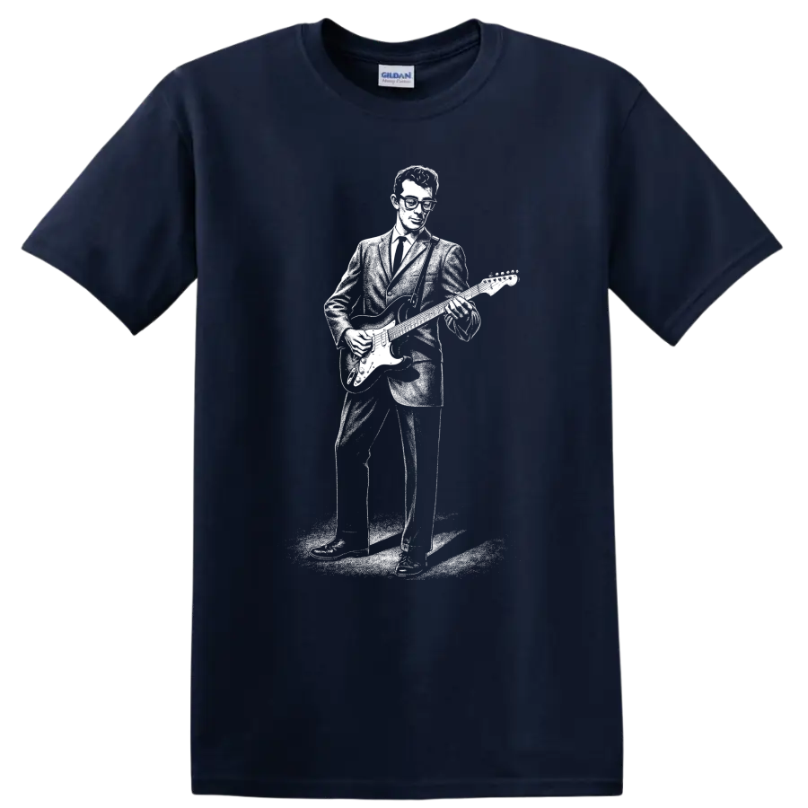 Buddy Holly T Shirt Rock Legend Guitar Player Silhouette Music Fan Tee Gift Cool - Navy (Blue)