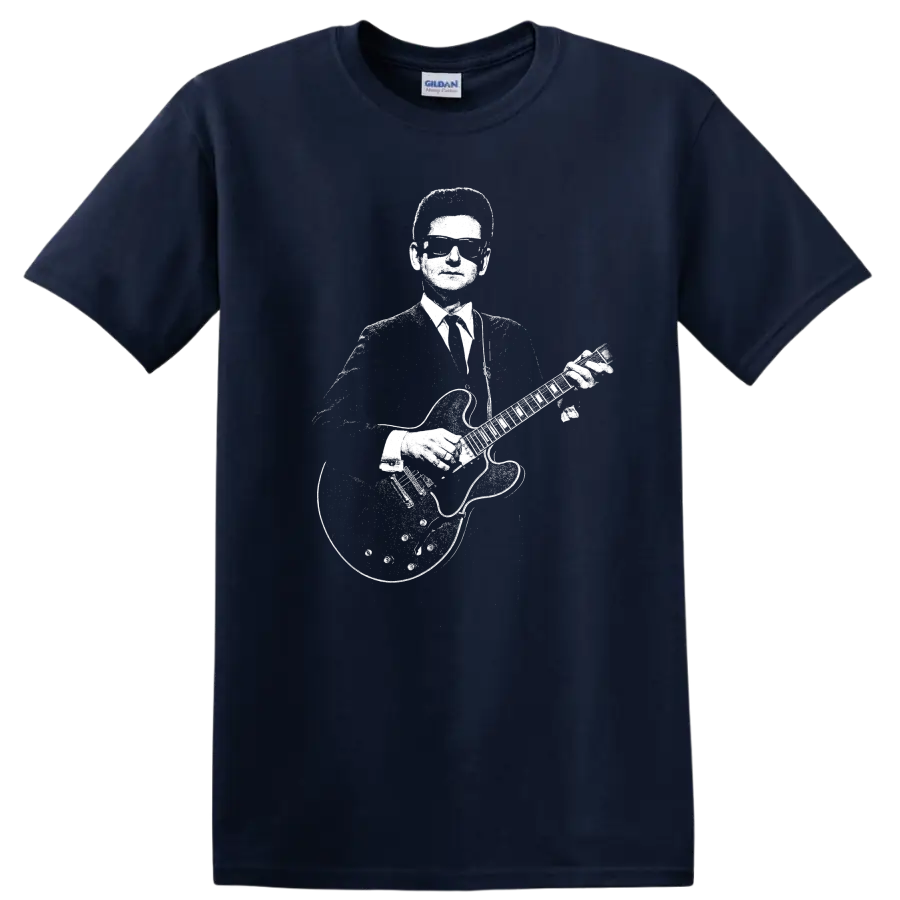 Roy Orbison Rock Legends Pixel Art Guitar T Shirt - Navy (Blue)