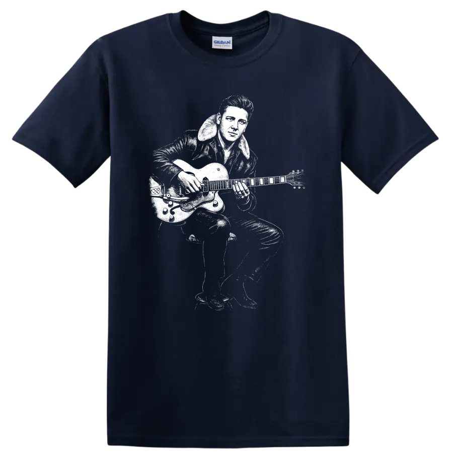 Elvis Presley King of Rock and Roll Tribute T Shirt Classic Rock Legend - Navy (Blue)