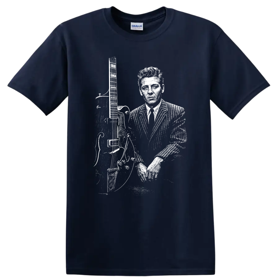 Eddie Cochran Rock Legends Silhouette Guitar T Shirt - Navy (Blue)