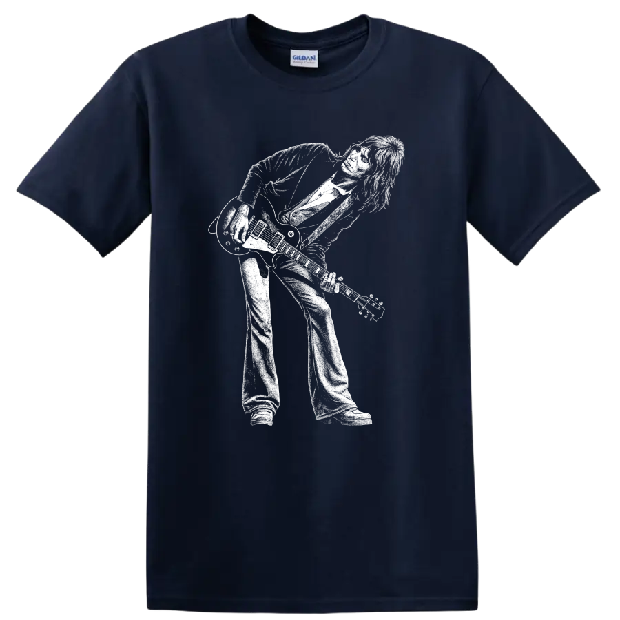 Jeff Beck Rock Legends Portrait T Shirt for Classic Guitar Fans - Navy (Blue)