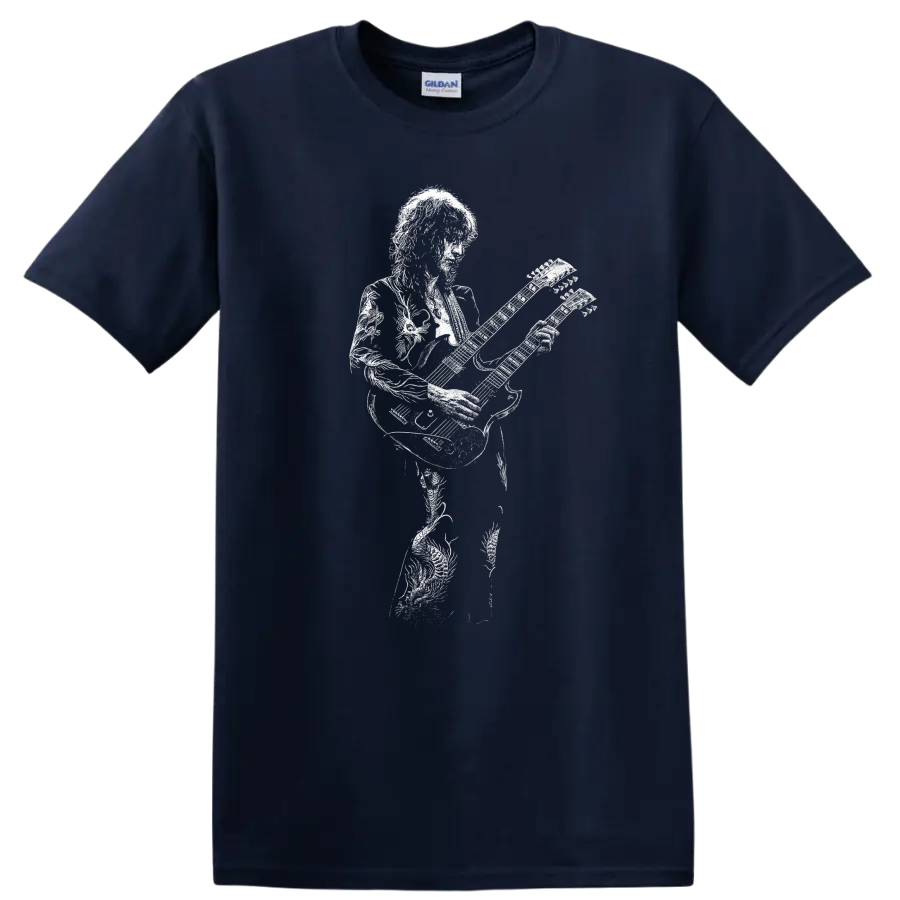 Jimmy Page Led Zeppelin Rock Legends Silhouette Guitar T Shirt - Navy (Blue)