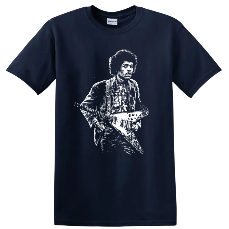 Jimi Hendrix Rock Legends Distressed Portrait T Shirt Vintage Music - Navy (Blue)