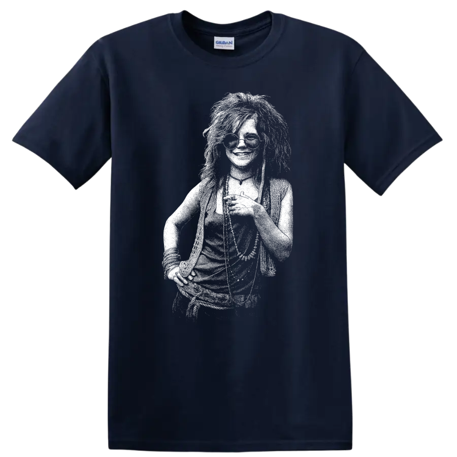 Janis Joplin Rock Legends Vintage Style T Shirt for Music Fans - Navy (Blue)