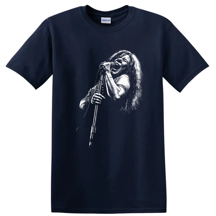 Janis Joplin Rock Legends Portrait T Shirt for Classic Music Fans - Navy (Blue)