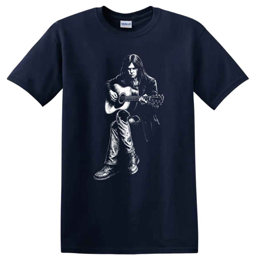 Neil Young Rock Legends Portrait T Shirt for Classic Music Fans - Navy (Blue)