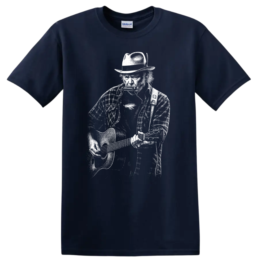 Neil Young Rock Legends T Shirt Vintage Music Fan Tribute - Navy (Blue)