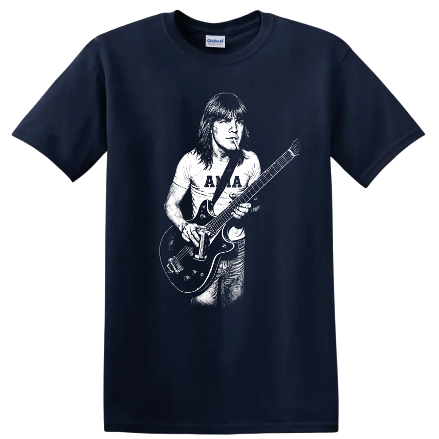Malcolm Young AC/DC Rock Legends Guitar Silhouette T Shirt - Navy (Blue)