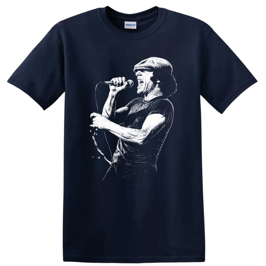 Brian Johnson AC DC Rock Legends Portrait T Shirt for Classic Rock Fans - Navy (Blue)
