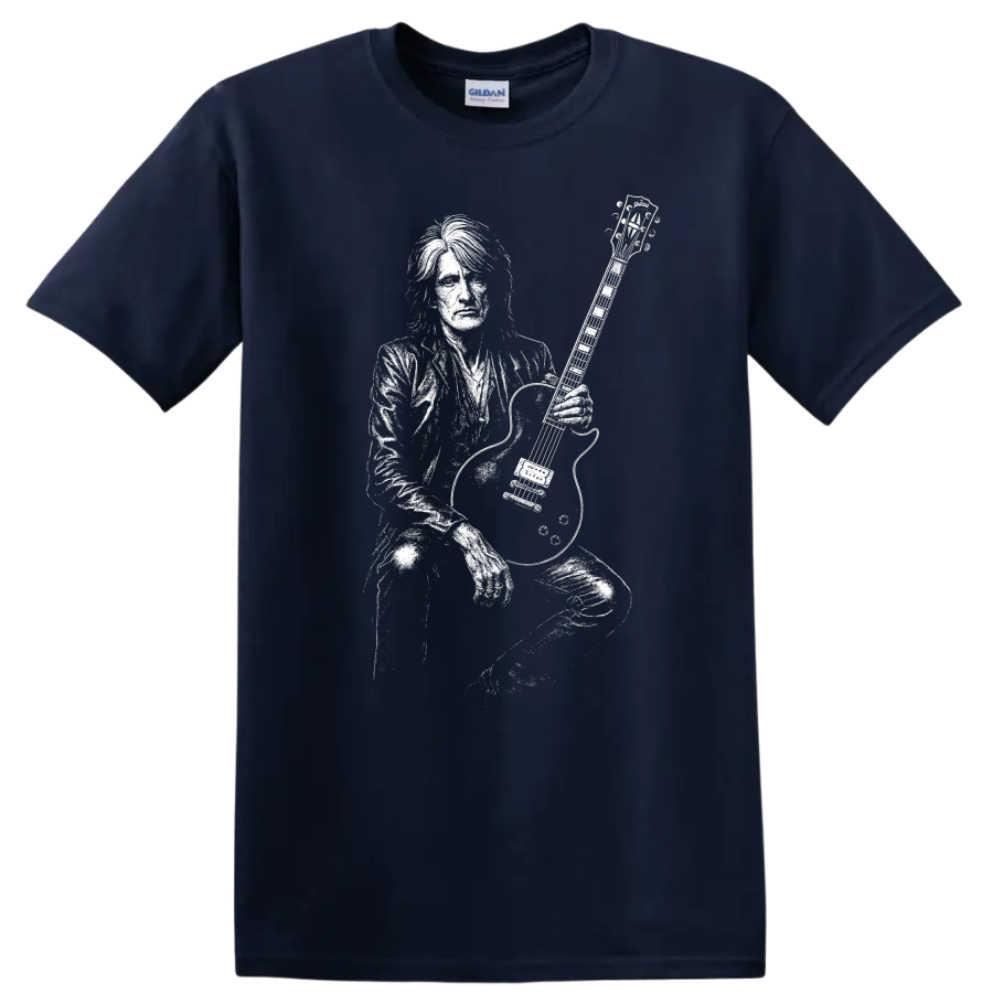 Joe Perry Aerosmith Rock Legends Silhouette Guitarist T Shirt - Navy (Blue)
