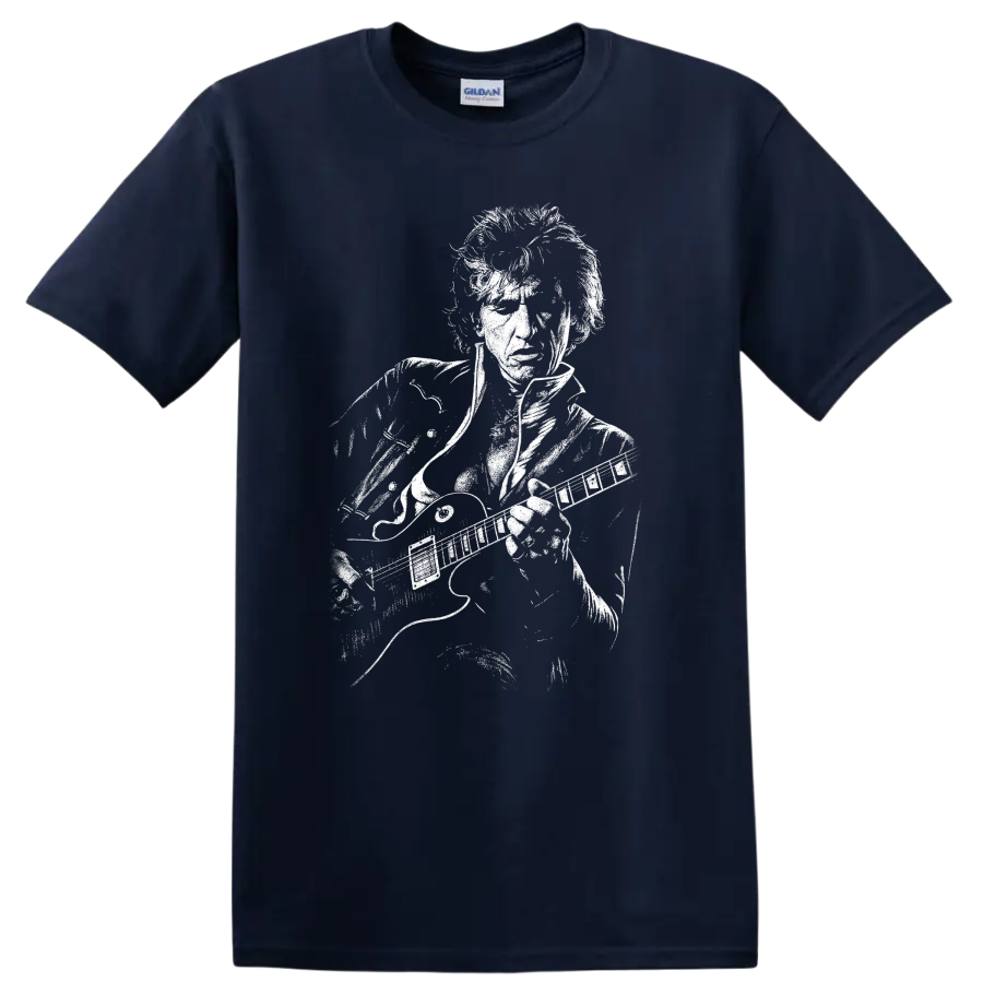 Black-and-white graphic portrait of Joe Perry on a T shirt on a Navy (Blue) T Shirt