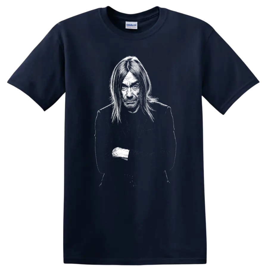 Iggy Pop The Stooges Rock Legends Portrait T Shirt for Classic Music Fans - Navy (Blue)