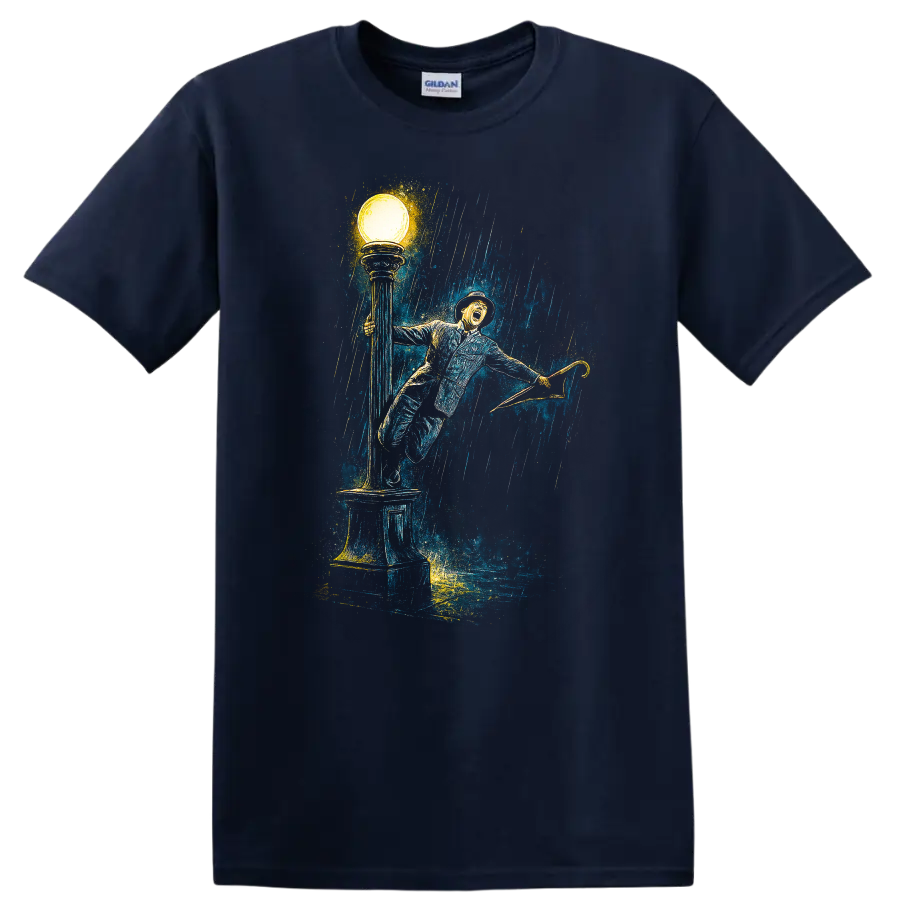 Vintage Singing in the Rain inspired artwork with umbrella, streetlamp, and rain, T-shirt graphic on a Navy (Blue) T Shirt