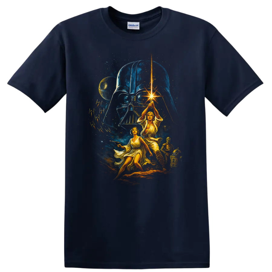 Star Wars Darth Vader and Luke Skywalker lightsaber battle artwork T Shirt on a Navy (Blue) T Shirt