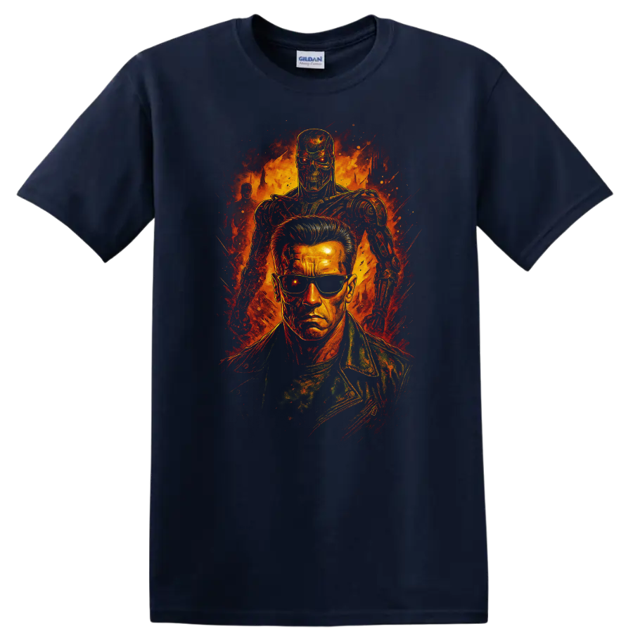 The Terminator cyborg and Arnold-style action portrait graphic T Shirt on a Navy (Blue) T Shirt