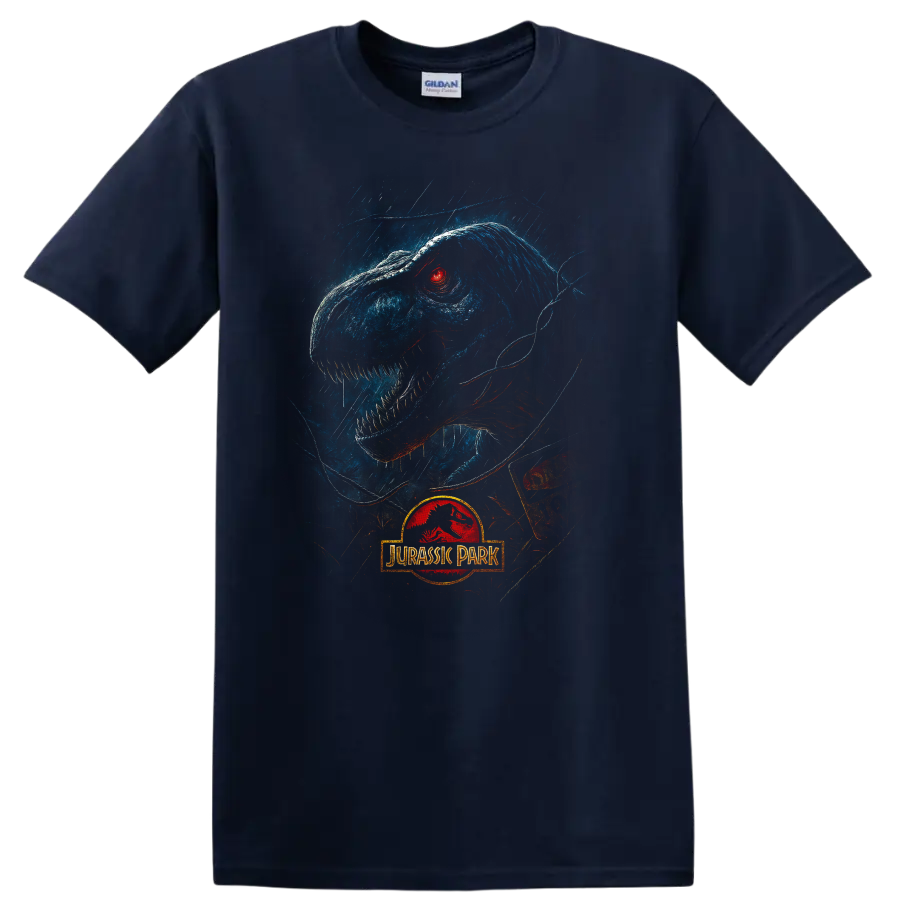 Jurassic Park T rex in rain with glowing red eye and logo T shirt on a Navy (Blue) T Shirt