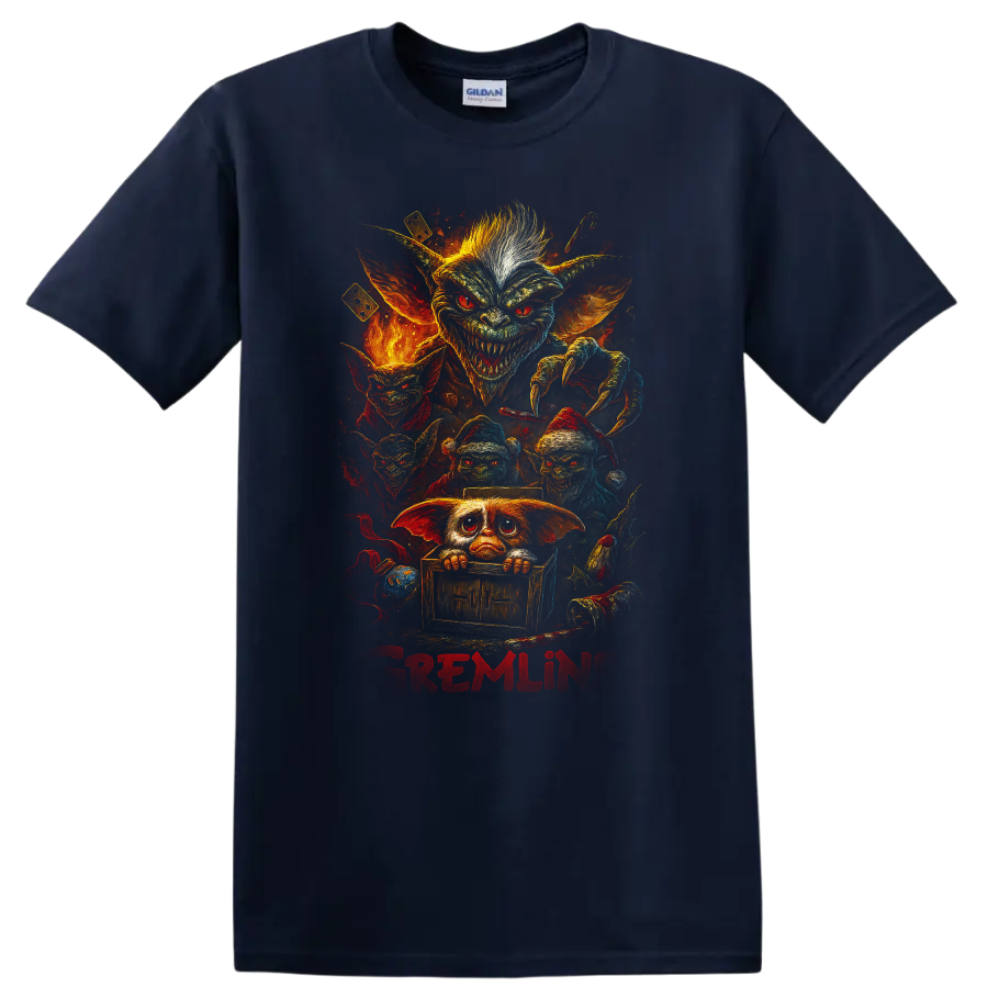 Gremlins horror movie creature collage with fiery retro art and bold red text on a T shirt on a Navy (Blue) T Shirt