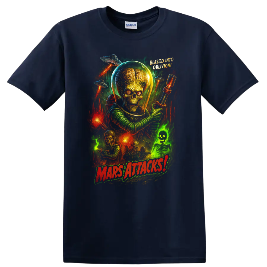 Mars Attacks alien invasion retro movie poster art with alien leader, saucers, and bold title on a Navy (Blue) T Shirt