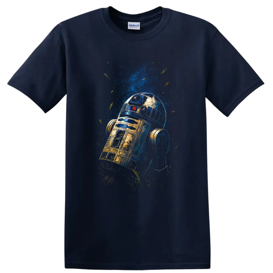R2-D2 painted galaxy art T-shirt on a Navy (Blue) T Shirt