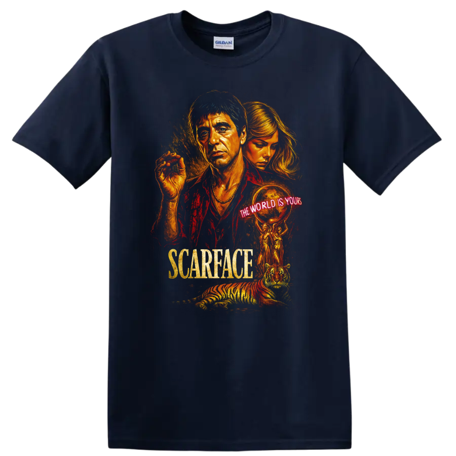 Scarface inspired movie poster art with neon The World Is Yours text and tiger on T shirt on a Navy (Blue) T Shirt