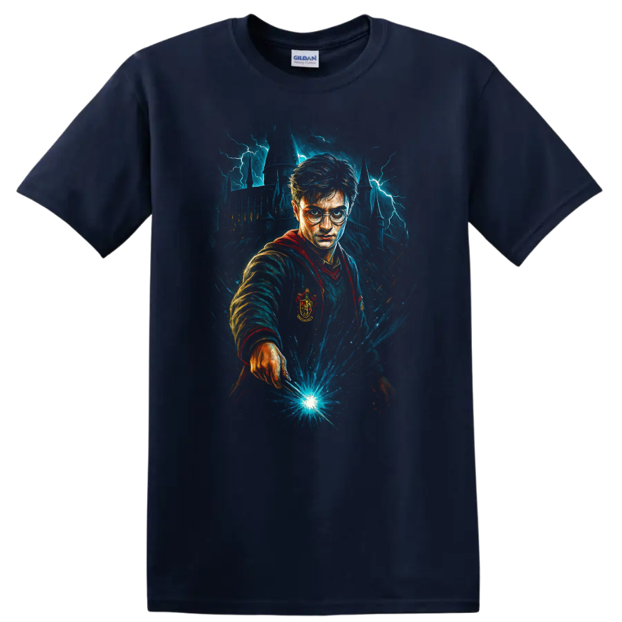 Wizard with glasses casting blue magic in front of a lightning-struck castle T Shirt on a Navy (Blue) T Shirt